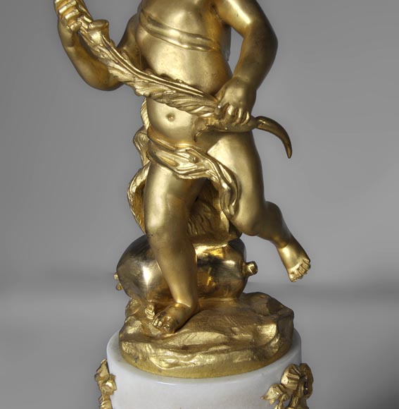 Beautiful antique pair of candelabras made out of Statuary Carrara marble and gilded bronze with putti and roses decor Beautiful antique pair of candelabras made out of Statuary Carrara marble and gilded bronze with putti and roses decor-4