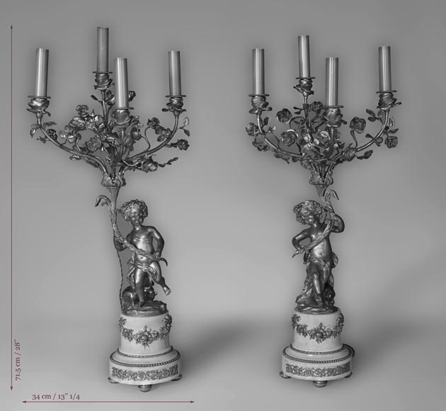 Beautiful antique pair of candelabras made out of Statuary Carrara marble and gilded bronze with putti and roses decor Beautiful antique pair of candelabras made out of Statuary Carrara marble and gilded bronze with putti and roses decor-12