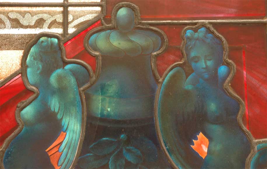 Antique stained glass window signed  Antique stained glass window signed