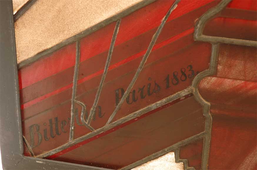 Antique stained glass window signed  Antique stained glass window signed