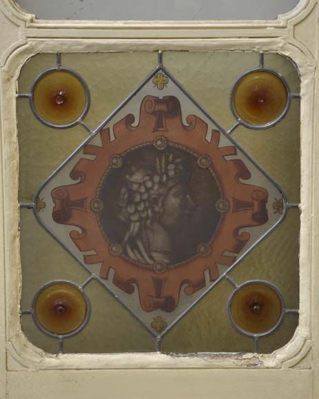 Double door with stained glass windows,  man and woman's profile in medallion Double door with stained glass windows,  man and woman's profile in medallion-1