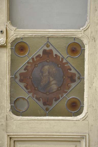 Double door with stained glass windows,  man and woman's profile in medallion Double door with stained glass windows,  man and woman's profile in medallion-3