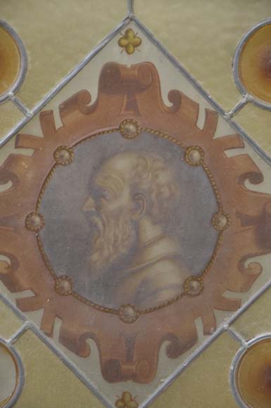 Double door with stained glass windows,  man and woman's profile in medallion Double door with stained glass windows,  man and woman's profile in medallion-4