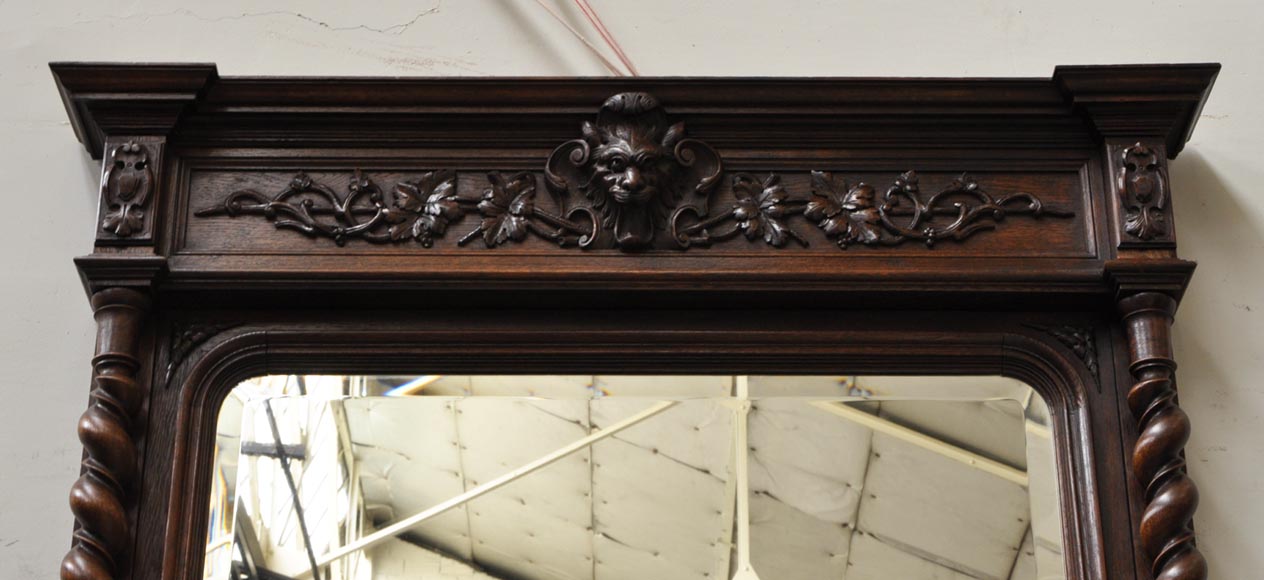 Large oak wood Louis XIII style fireplace with trumeau mirror Large oak wood Louis XIII style fireplace with trumeau mirror-2