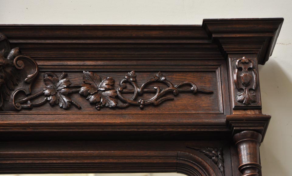 Large oak wood Louis XIII style fireplace with trumeau mirror Large oak wood Louis XIII style fireplace with trumeau mirror-4