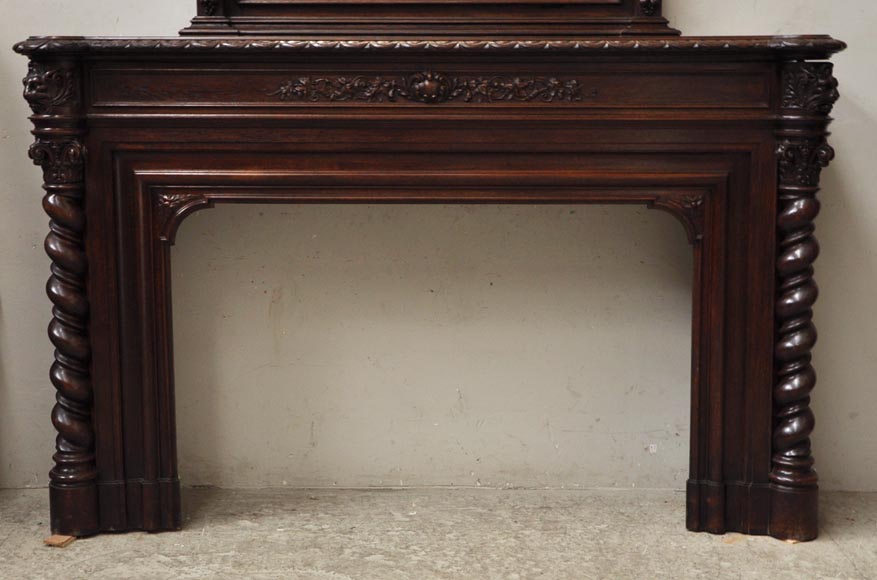 Large oak wood Louis XIII style fireplace with trumeau mirror Large oak wood Louis XIII style fireplace with trumeau mirror-8