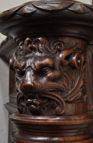 Large oak wood Louis XIII style fireplace with trumeau mirror Large oak wood Louis XIII style fireplace with trumeau mirror-13