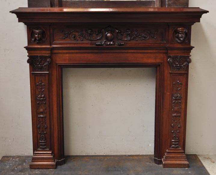 Neo-Renaissance style antique fireplace in carved walnut wood Neo-Renaissance style antique fireplace in carved walnut wood-1