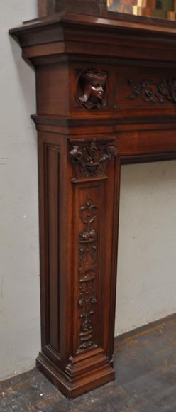 Neo-Renaissance style antique fireplace in carved walnut wood Neo-Renaissance style antique fireplace in carved walnut wood-3