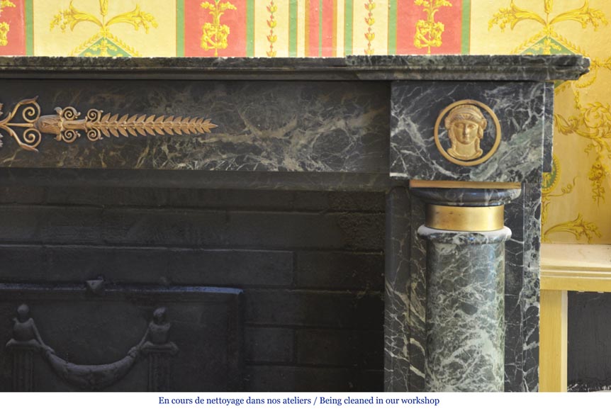 Beautiful antique Empire style fireplace in Sea Green marble with bronze ornaments Beautiful antique Empire style fireplace in Sea Green marble with bronze ornaments-4