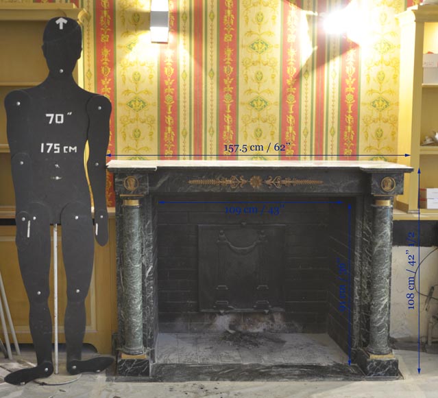 Beautiful antique Empire style fireplace in Sea Green marble with bronze ornaments Beautiful antique Empire style fireplace in Sea Green marble with bronze ornaments-11