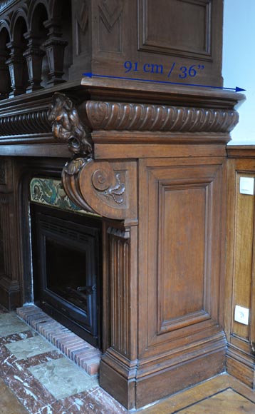 Monumental oak wood fireplace with painting on canvas depicting Joan of Arc Monumental oak wood fireplace with painting on canvas depicting Joan of Arc-12