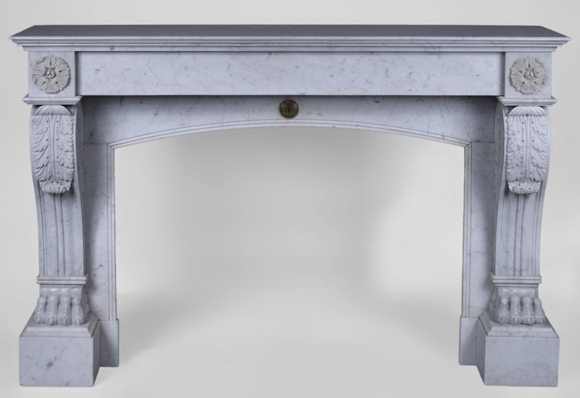Antique Napoleon III style fireplace with lion's paws in Carrara marble  Antique Napoleon III style fireplace with lion's paws in Carrara marble -0