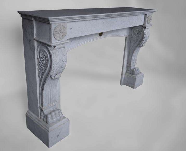Antique Napoleon III style fireplace with lion's paws in Carrara marble  Antique Napoleon III style fireplace with lion's paws in Carrara marble -2