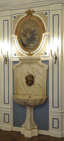 Beautiful antique interior fountain with its boiserie panel and oil on canvas painting Beautiful antique interior fountain with its boiserie panel and oil on canvas painting-1
