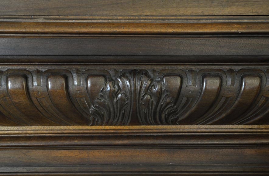 Large antique Neo-Renaissance style fireplace made out of carved walnut with Helm Knight decor Large antique Neo-Renaissance style fireplace made out of carved walnut with Helm Knight decor-2