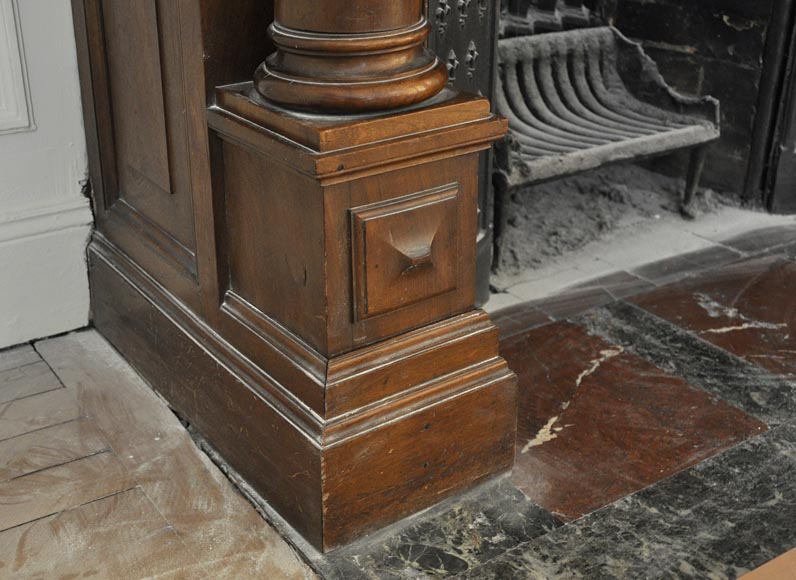 Large antique Neo-Renaissance style fireplace made out of carved walnut with Helm Knight decor Large antique Neo-Renaissance style fireplace made out of carved walnut with Helm Knight decor-6