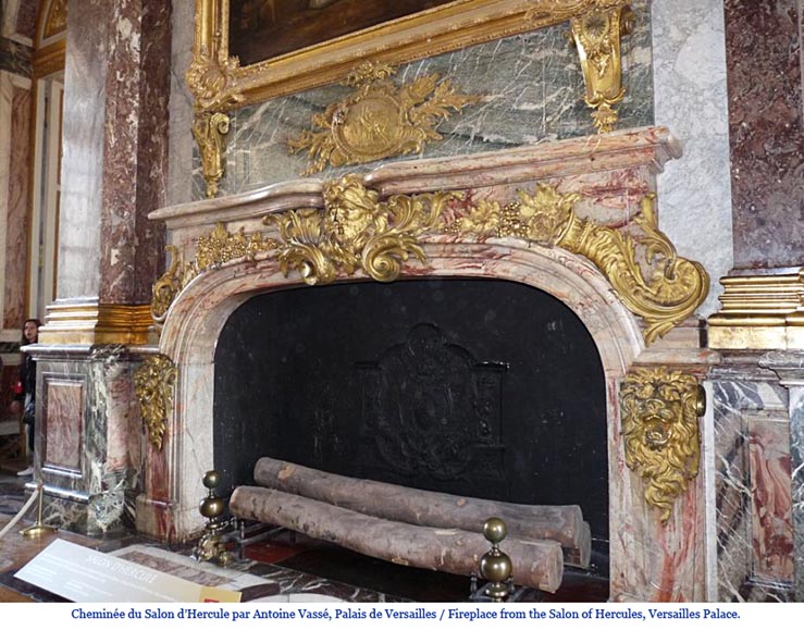 Extraordinary antique Louis XIV style fireplace with lions heads in Alabastro di Busca and gilded bronze