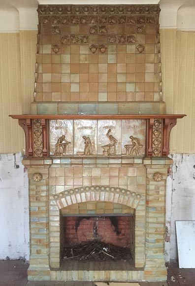 Beautiful antique Art Nouveau fireplace by Charles Gréber with workers' decorative frieze Beautiful antique Art Nouveau fireplace by Charles Gréber with workers' decorative frieze-0
