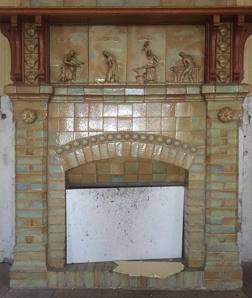 Beautiful antique Art Nouveau fireplace by Charles Gréber with workers' decorative frieze Beautiful antique Art Nouveau fireplace by Charles Gréber with workers' decorative frieze-2