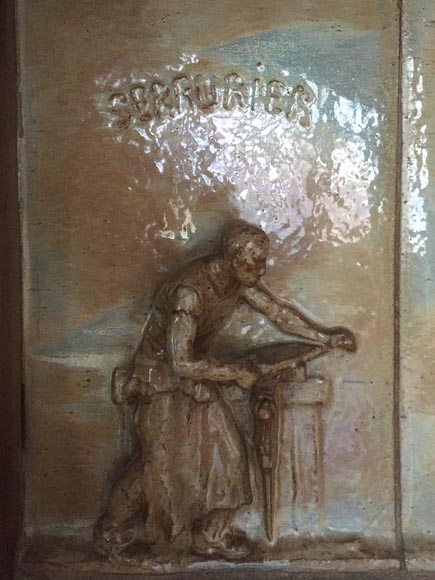 Beautiful antique Art Nouveau fireplace by Charles Gréber with workers' decorative frieze Beautiful antique Art Nouveau fireplace by Charles Gréber with workers' decorative frieze-3