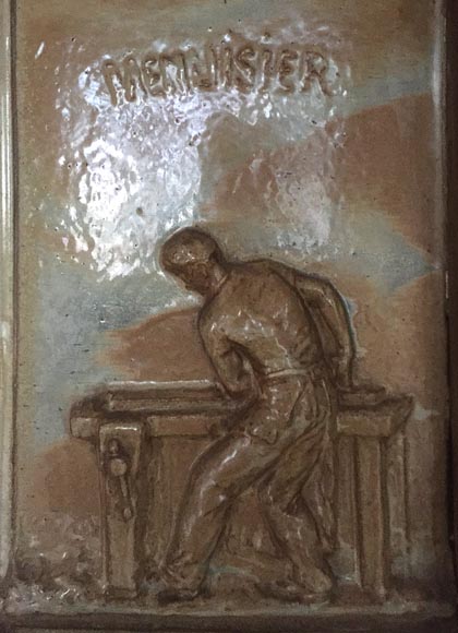 Beautiful antique Art Nouveau fireplace by Charles Gréber with workers' decorative frieze Beautiful antique Art Nouveau fireplace by Charles Gréber with workers' decorative frieze-6