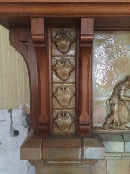 Beautiful antique Art Nouveau fireplace by Charles Gréber with workers' decorative frieze Beautiful antique Art Nouveau fireplace by Charles Gréber with workers' decorative frieze-7
