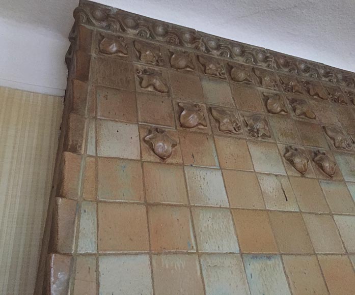 Beautiful antique Art Nouveau fireplace by Charles Gréber with workers' decorative frieze Beautiful antique Art Nouveau fireplace by Charles Gréber with workers' decorative frieze-8