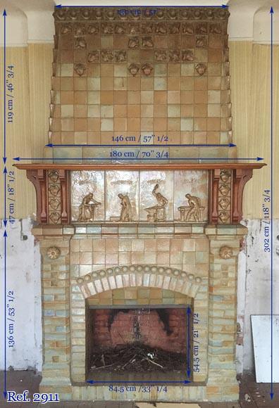 Beautiful antique Art Nouveau fireplace by Charles Gréber with workers' decorative frieze Beautiful antique Art Nouveau fireplace by Charles Gréber with workers' decorative frieze-12