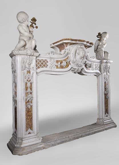 Exceptional antique late 18th century Statuary and Brocatelle marbles fireplace with putti Exceptional antique late 18th century Statuary and Brocatelle marbles fireplace with putti-6