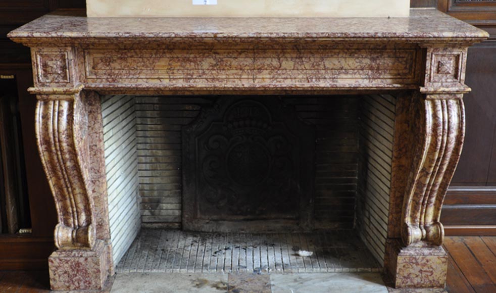 Beautiful antique fireplace in Louis Phillipe style carved out of Brocatelle marble Beautiful antique fireplace in Louis Phillipe style carved out of Brocatelle marble-0