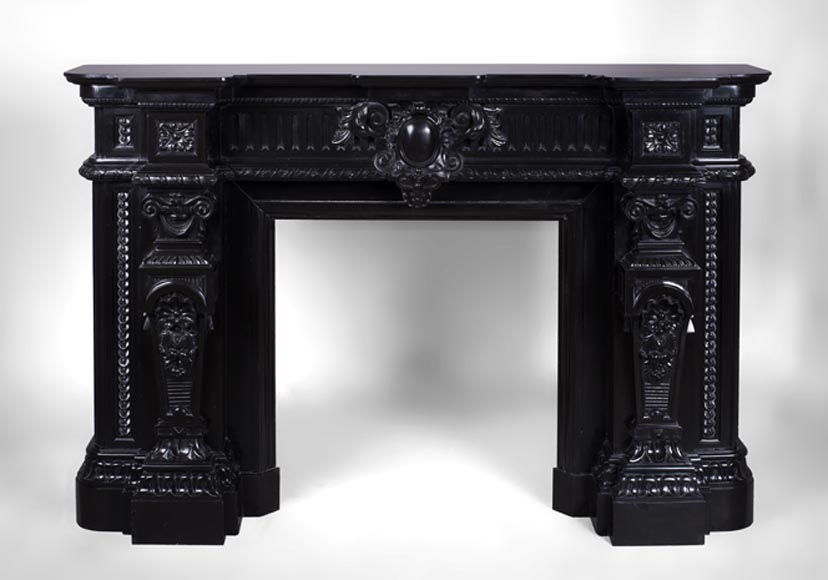 Rare Napoleon III style antique fireplace in Belgium Black marble, richly decorated Rare Napoleon III style antique fireplace in Belgium Black marble, richly decorated-0