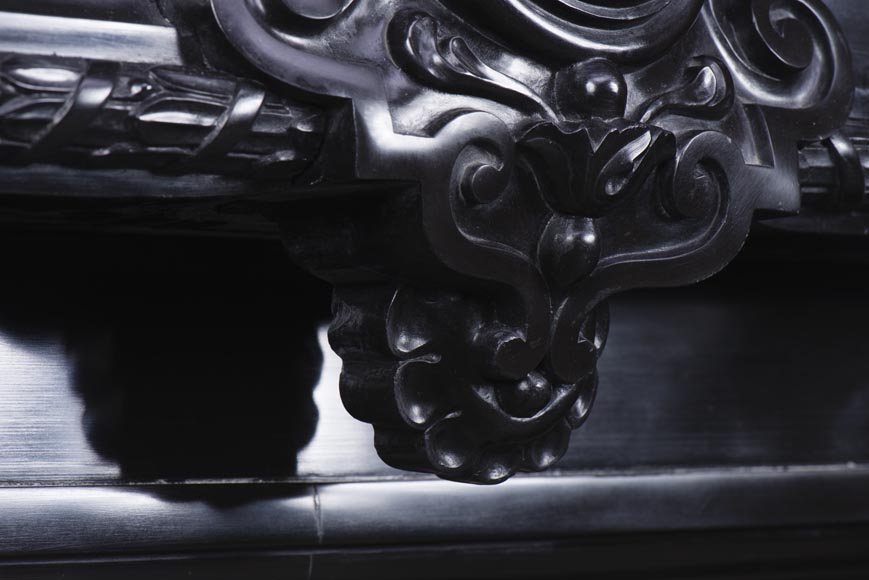 Rare Napoleon III style antique fireplace in Belgium Black marble, richly decorated Rare Napoleon III style antique fireplace in Belgium Black marble, richly decorated-3