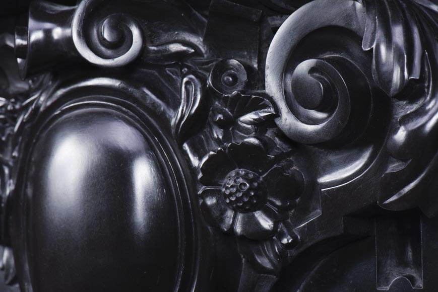 Rare Napoleon III style antique fireplace in Belgium Black marble, richly decorated Rare Napoleon III style antique fireplace in Belgium Black marble, richly decorated-4