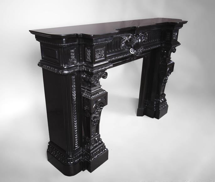 Rare Napoleon III style antique fireplace in Belgium Black marble, richly decorated Rare Napoleon III style antique fireplace in Belgium Black marble, richly decorated-5
