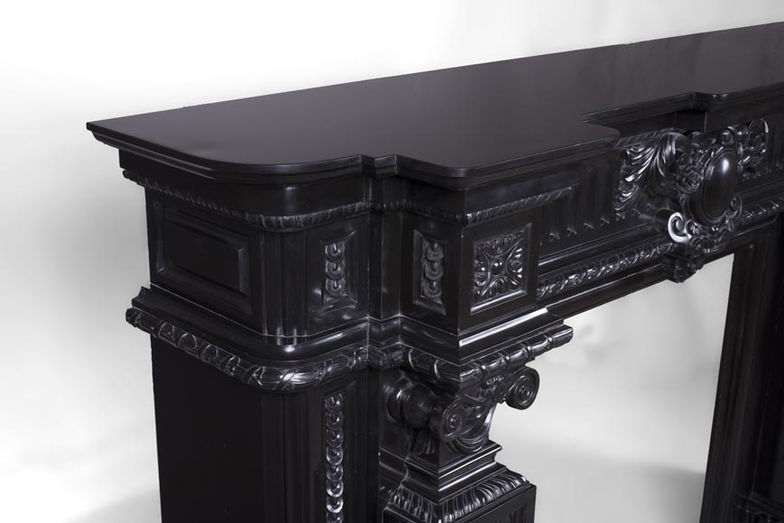 Rare Napoleon III style antique fireplace in Belgium Black marble, richly decorated Rare Napoleon III style antique fireplace in Belgium Black marble, richly decorated-6