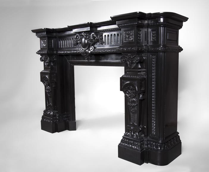 Rare Napoleon III style antique fireplace in Belgium Black marble, richly decorated Rare Napoleon III style antique fireplace in Belgium Black marble, richly decorated-8