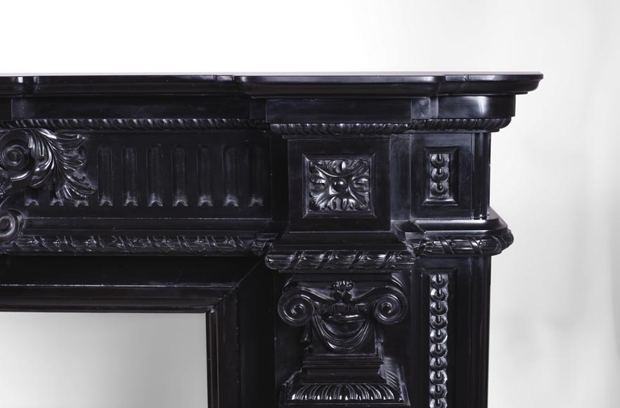Rare Napoleon III style antique fireplace in Belgium Black marble, richly decorated Rare Napoleon III style antique fireplace in Belgium Black marble, richly decorated-9