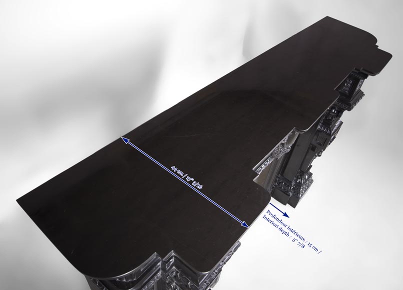 Rare Napoleon III style antique fireplace in Belgium Black marble, richly decorated Rare Napoleon III style antique fireplace in Belgium Black marble, richly decorated-12