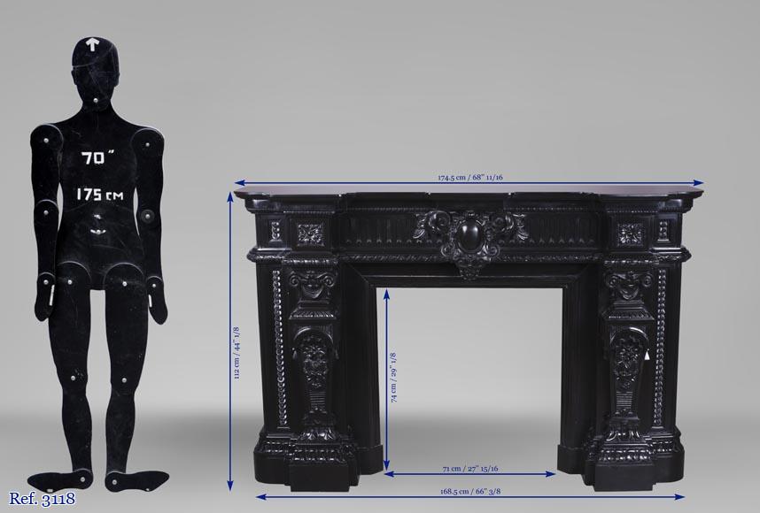 Rare Napoleon III style antique fireplace in Belgium Black marble, richly decorated Rare Napoleon III style antique fireplace in Belgium Black marble, richly decorated-13