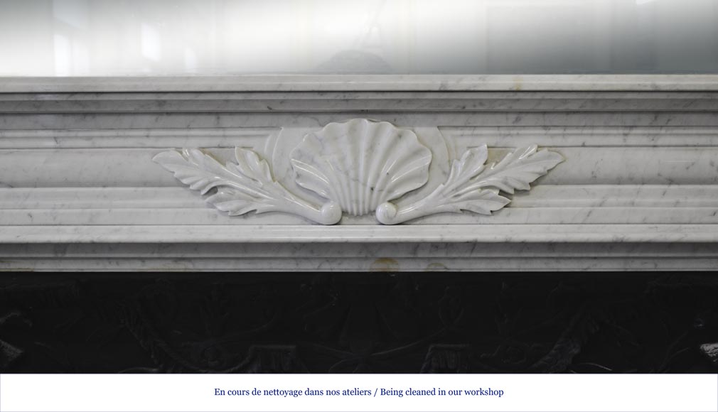 Large Louis XVI style fireplace in white Carrara marble with its cast iron insert and its overmantel mirror Large Louis XVI style fireplace in white Carrara marble with its cast iron insert and its overmantel mirror-2