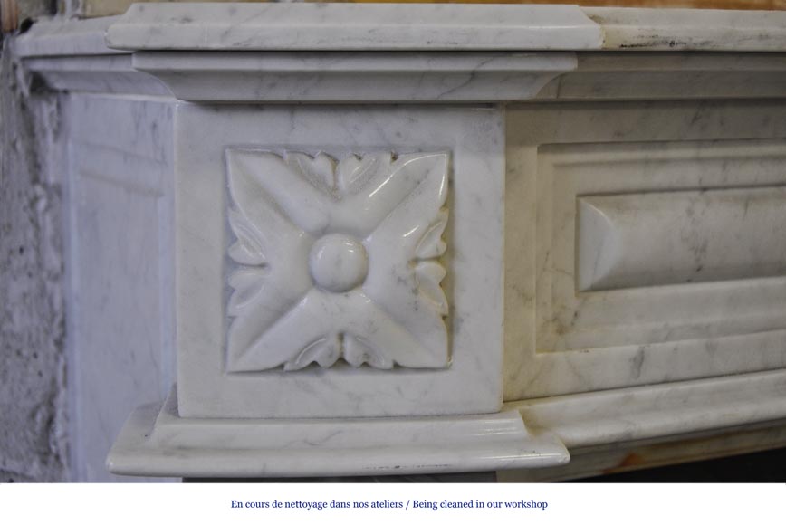 Large Louis XVI style fireplace in white Carrara marble with its cast iron insert and its overmantel mirror Large Louis XVI style fireplace in white Carrara marble with its cast iron insert and its overmantel mirror-4