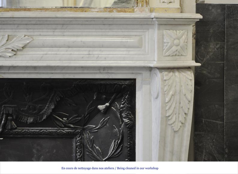 Large Louis XVI style fireplace in white Carrara marble with its cast iron insert and its overmantel mirror-8