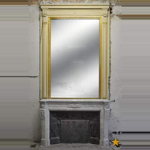 Large Louis XVI style fireplace in white Carrara marble with its cast iron insert and its overmantel mirror