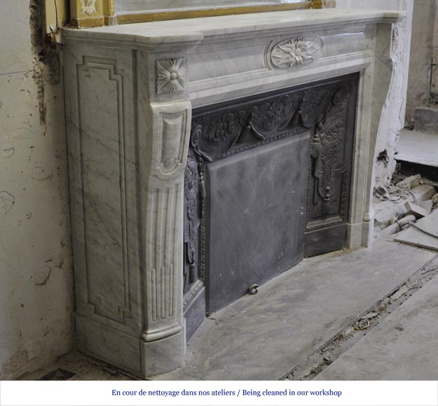 Large Louis XVI style fireplace in white Carrara marble with its cast iron insert and its overmantel mirror-3