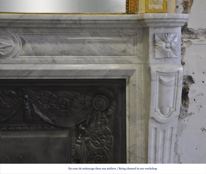 Large Louis XVI style fireplace in white Carrara marble with its cast iron insert and its overmantel mirror-7