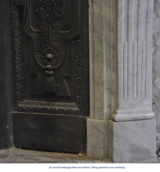 Large Louis XVI style fireplace in white Carrara marble with its cast iron insert and its overmantel mirror-8