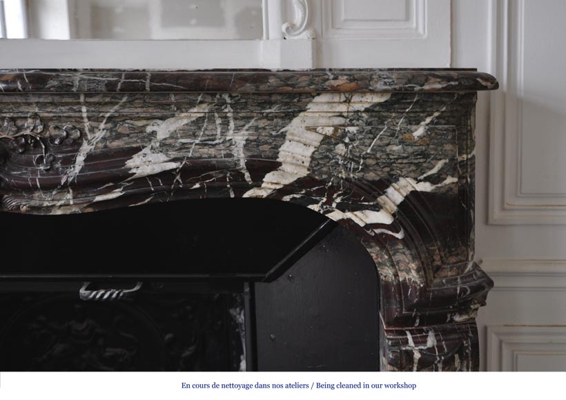 Beautiful antique Regence style fireplace in Campan Grand Melange marble, 19th c. Beautiful antique Regence style fireplace in Campan Grand Melange marble, 19th c.-9