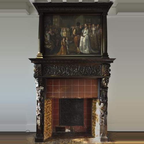Important antique carved walnut fireplace with painting from the 17th century after Giovanni Andrea CASELLA