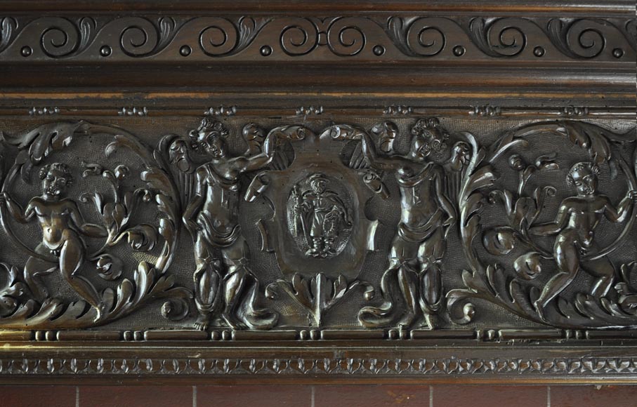 Important antique carved walnut fireplace with painting from the 17th century after Giovanni Andrea CASELLA Important antique carved walnut fireplace with painting from the 17th century after Giovanni Andrea CASELLA-5